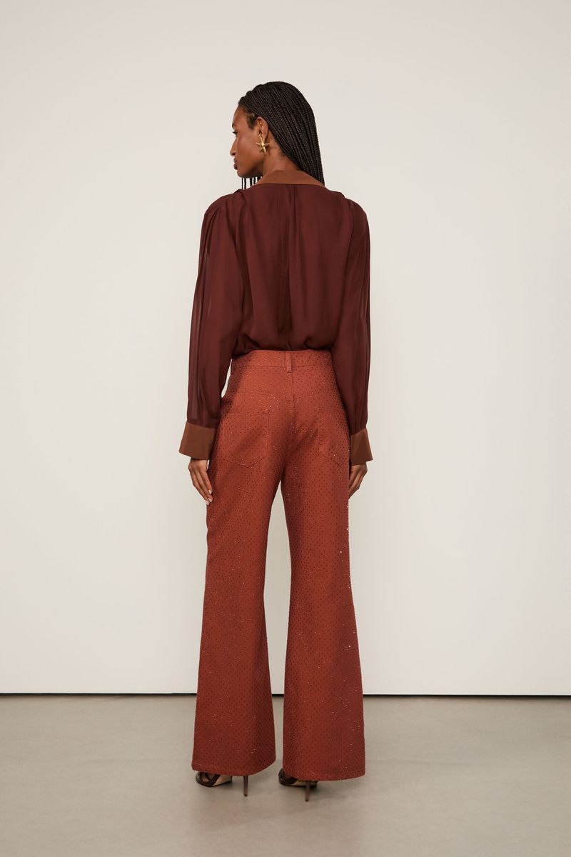 Calça Reta De Sarja Strass Marrom