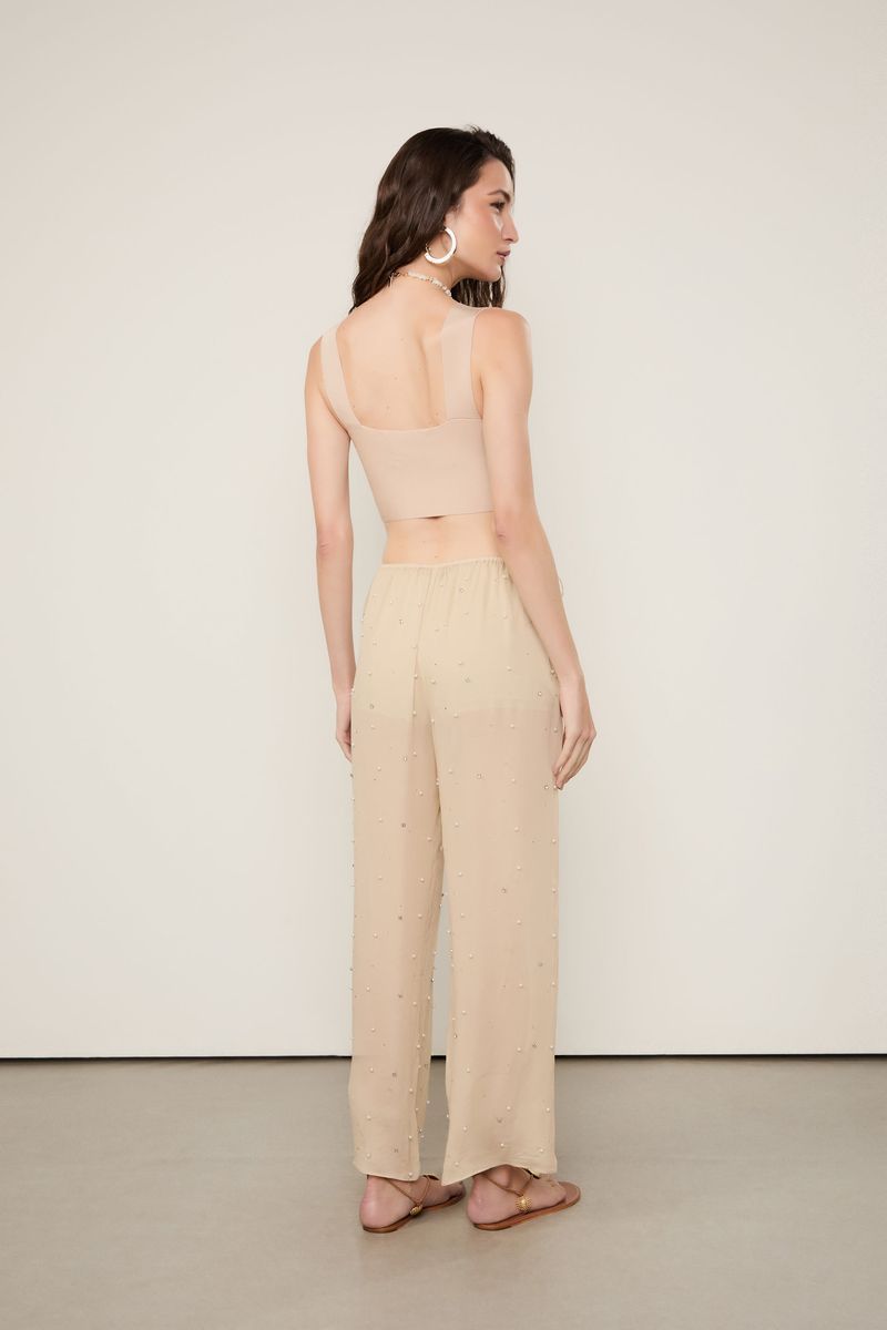 Calça De Georgette Off Acqua Com Aplicações De Brilhos e Perolas
