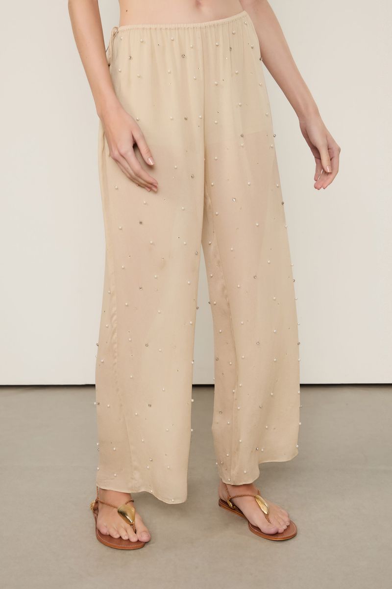 Calça De Georgette Off Acqua Com Aplicações De Brilhos e Perolas