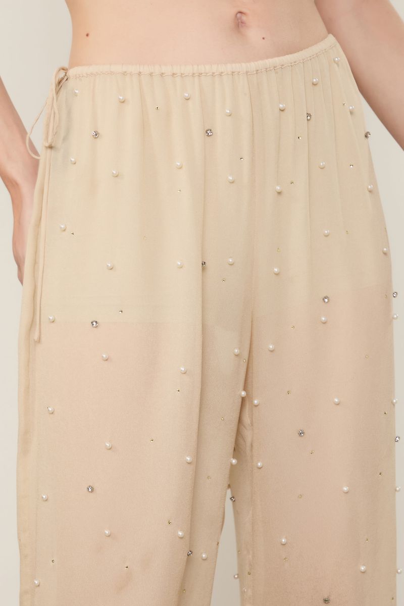 Calça De Georgette Off Acqua Com Aplicações De Brilhos e Perolas