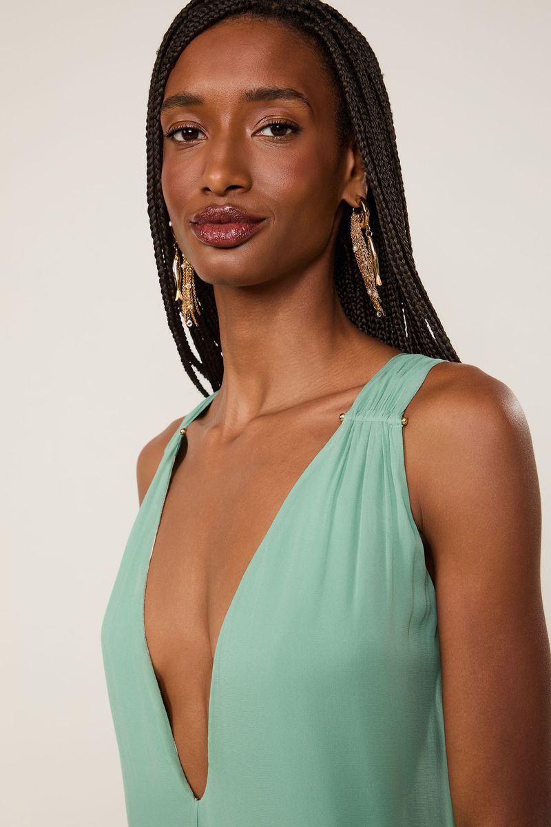 Vestido De Georgette Leve Longo Verde Babados
