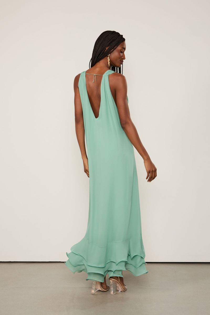 Vestido De Georgette Leve Longo Verde Babados