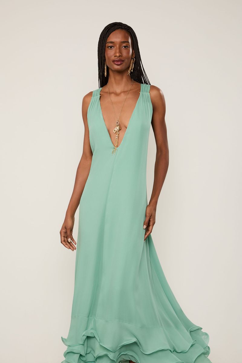 Vestido De Georgette Leve Longo Verde Babados