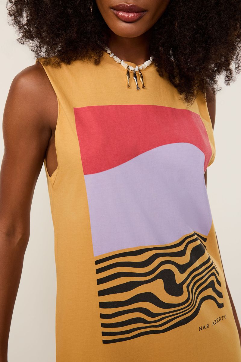 Vestido De Malha Regata Com Fenda Fun Geo Solar Caramelo