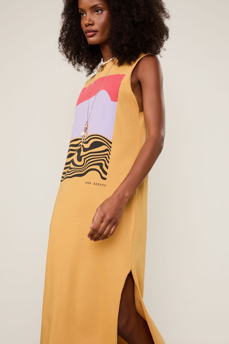 Vestido De Malha Regata Com Fenda Fun Geo Solar Caramelo