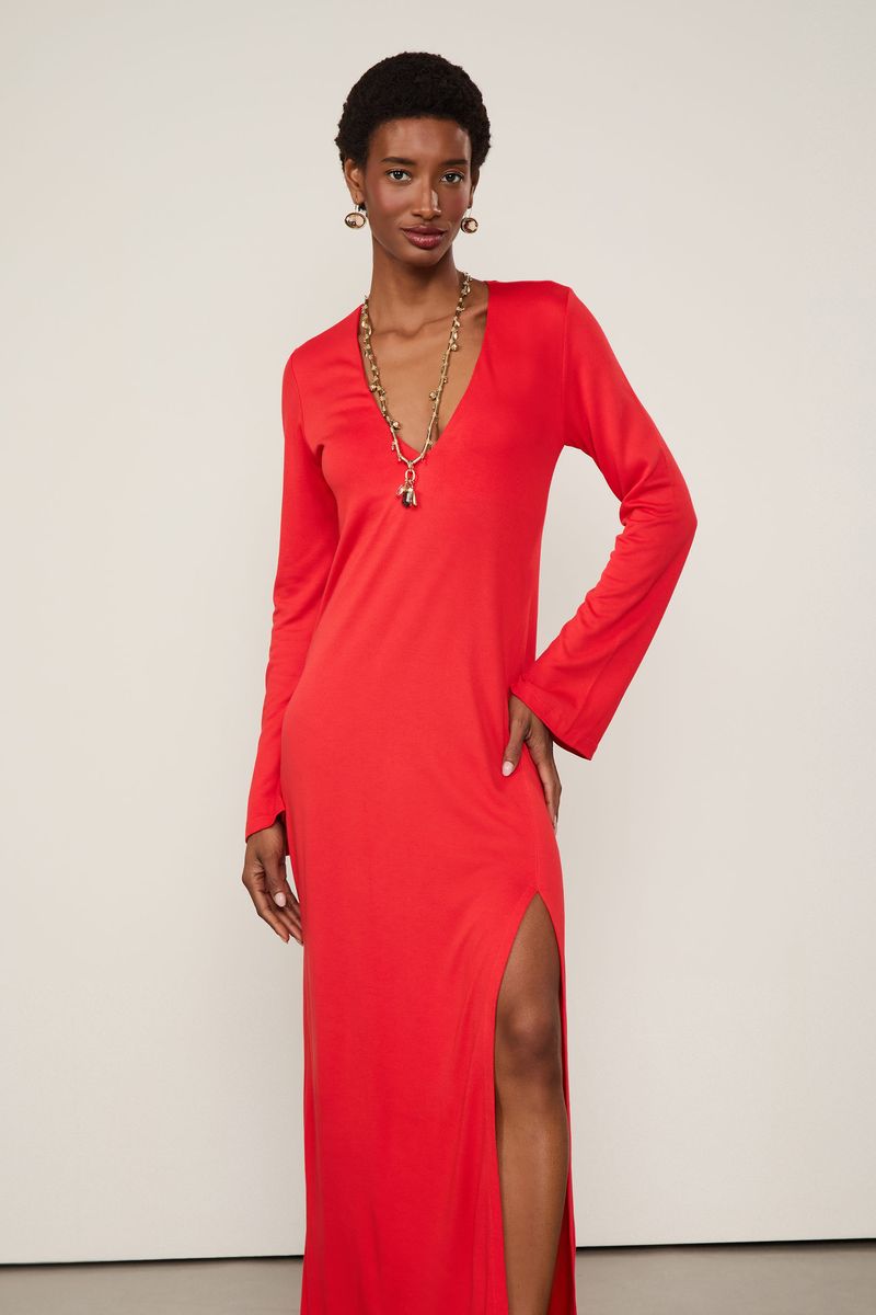 Vestido De Malha Com Fenda Manga Longa Vermelho