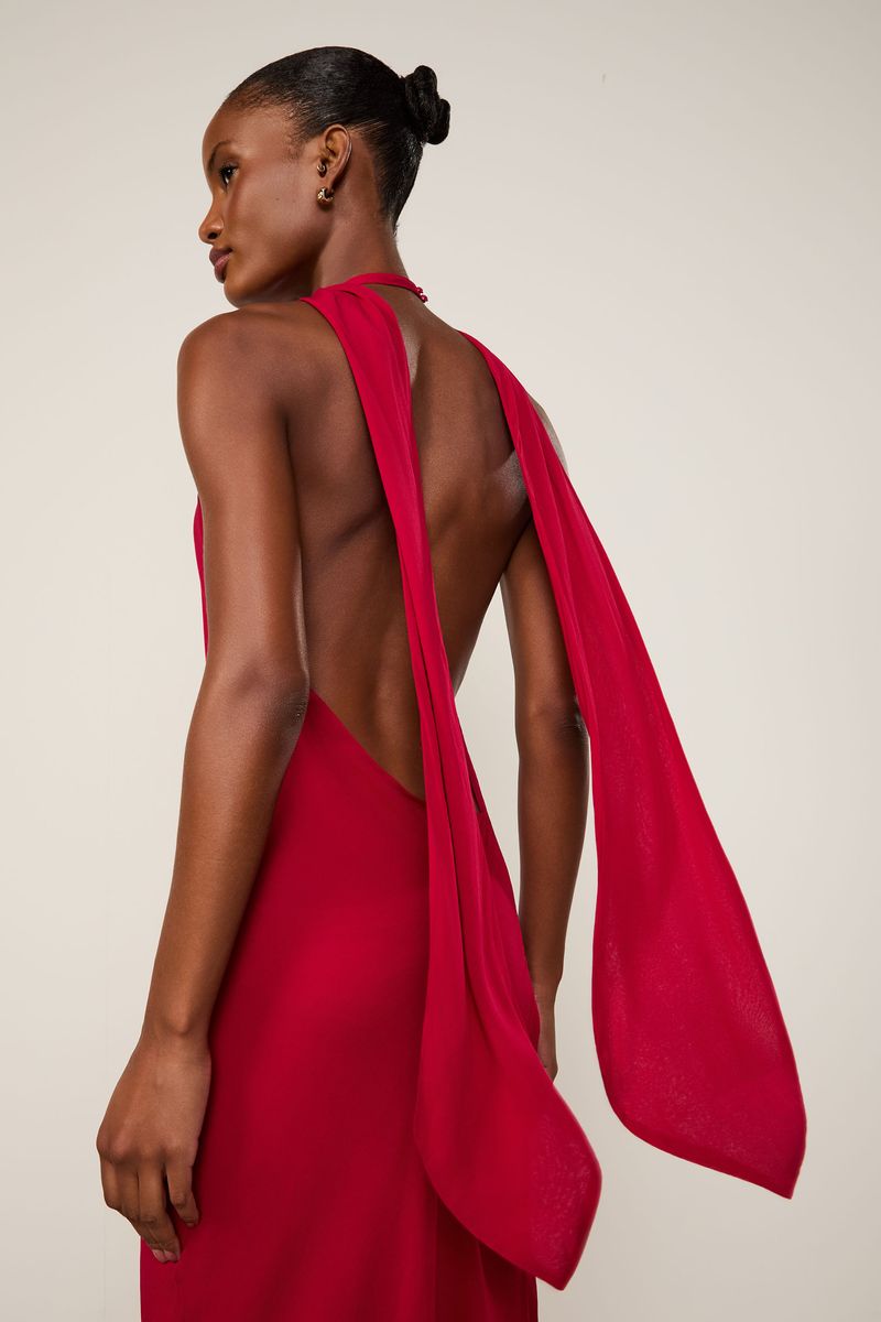 Vestido De Georgette Leve Longo Assimétrico Vermelho