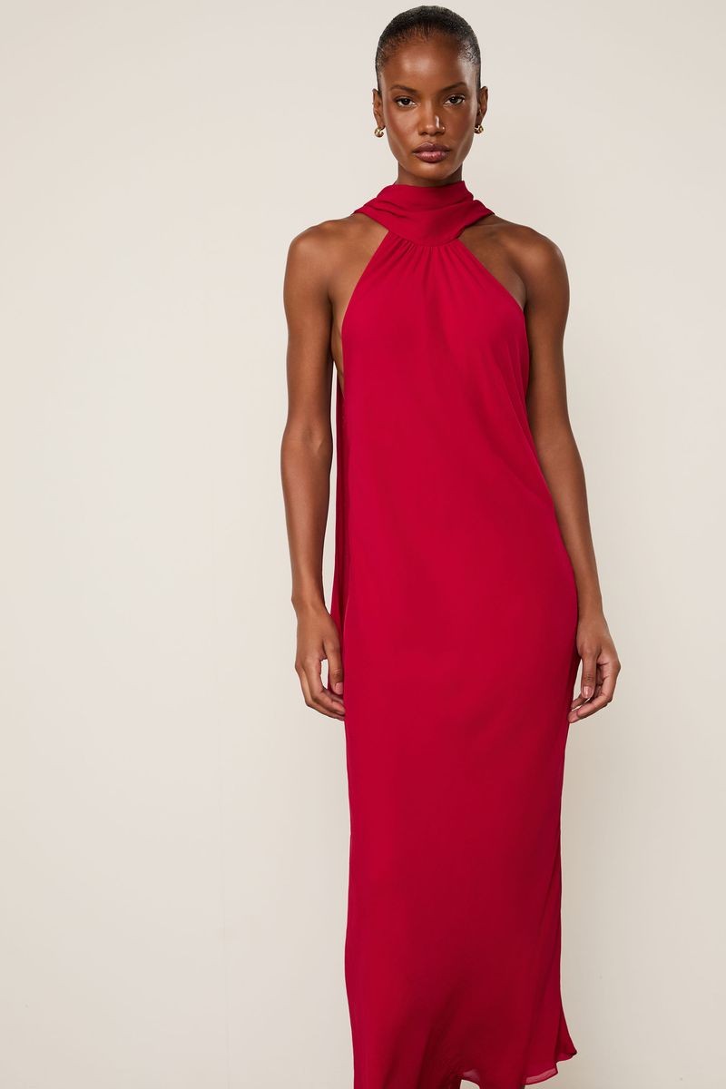 Vestido De Georgette Leve Longo Assimétrico Vermelho