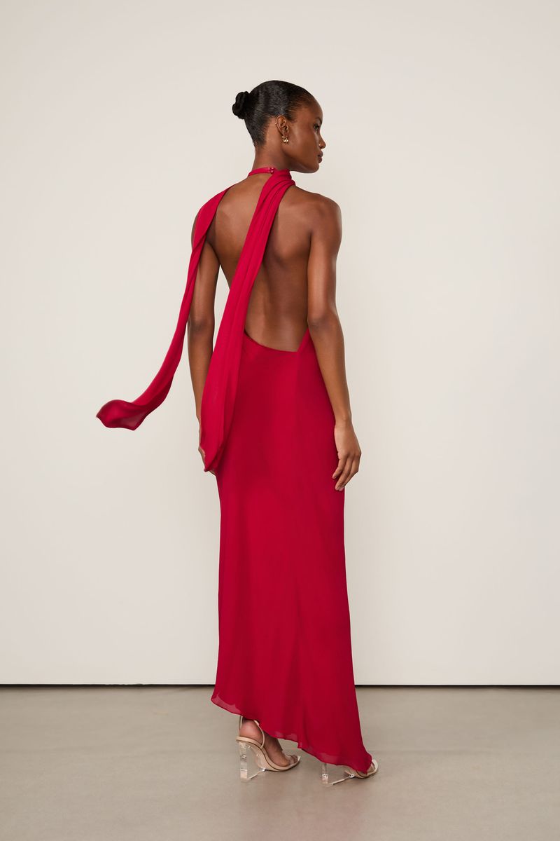 Vestido De Georgette Leve Longo Assimétrico Vermelho