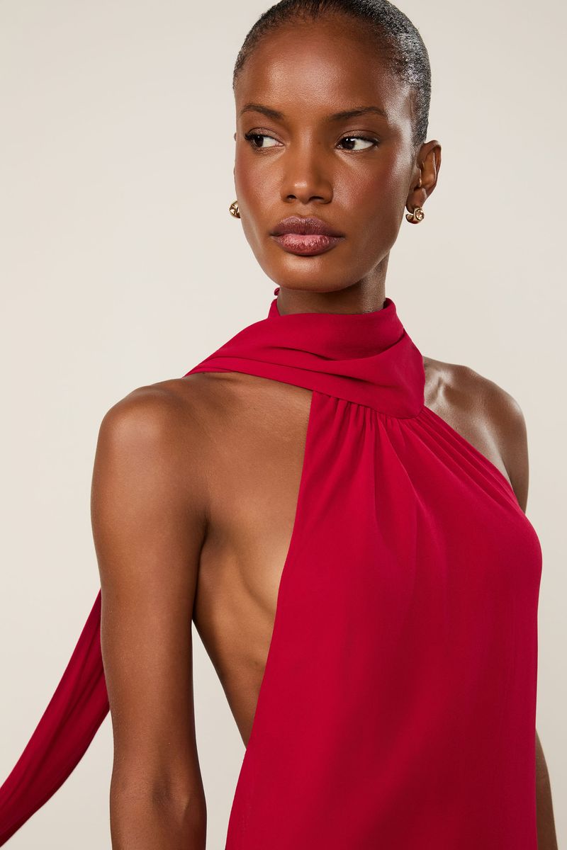 Vestido De Georgette Leve Longo Assimétrico Vermelho