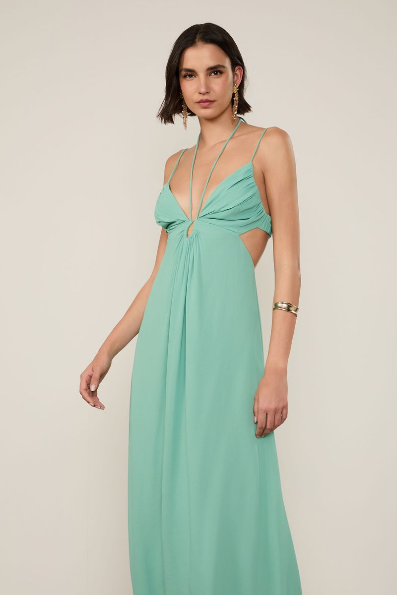 Vestido De Georgette Midi Com Amarração Verde
