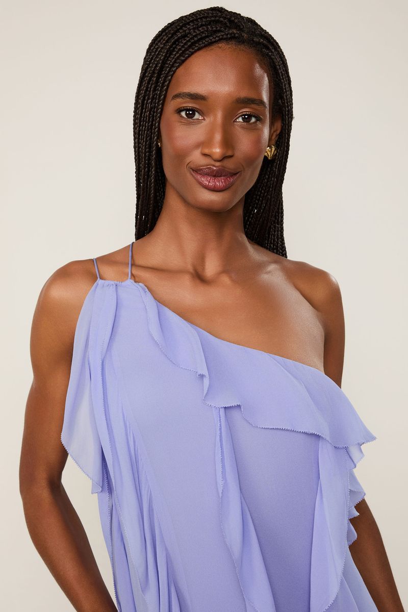 Vestido De Georgette Midi Lilás Jacaranda Um Ombro Só
