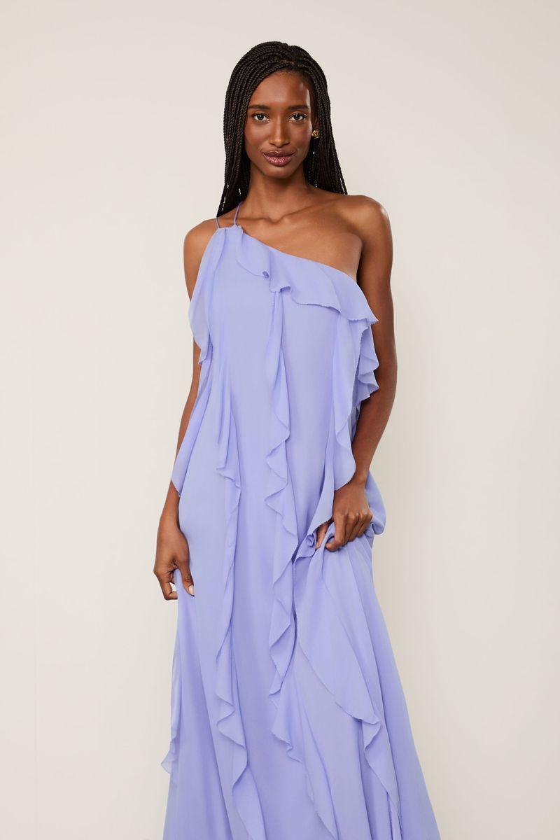 Vestido De Georgette Midi Lilás Jacaranda Um Ombro Só
