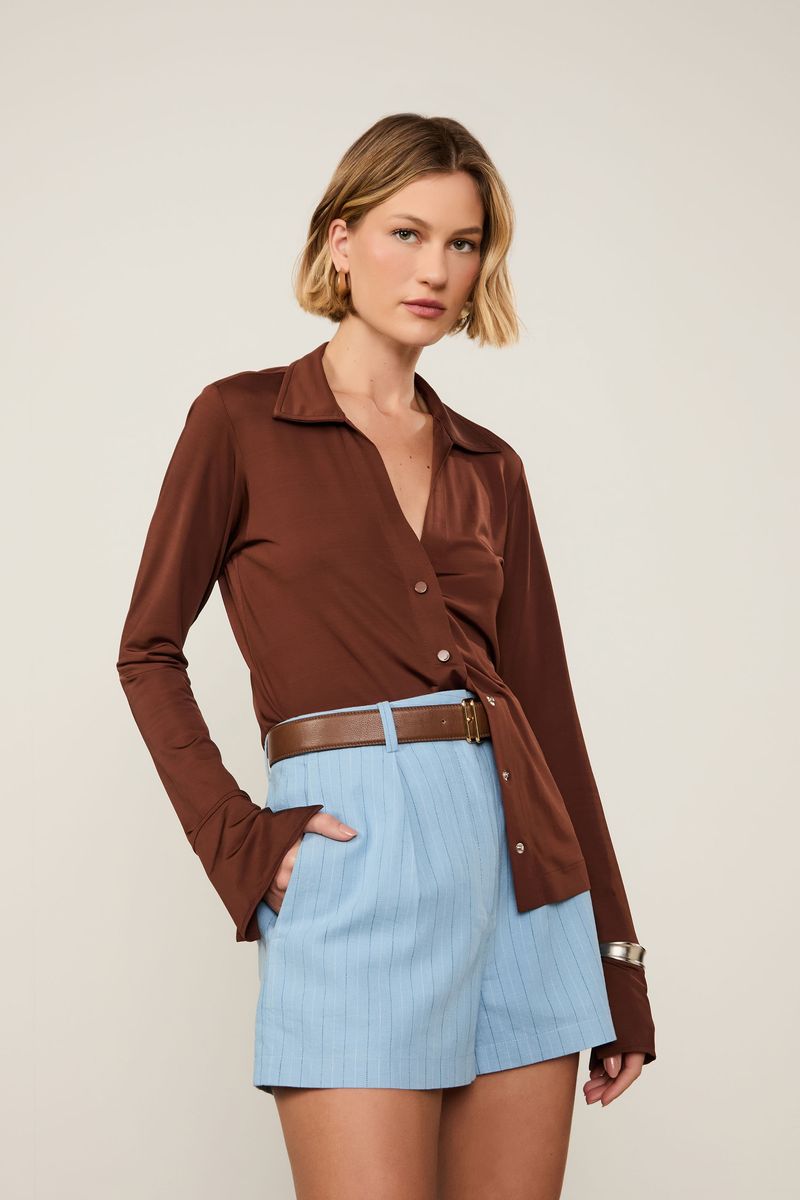 Short De Algodão Com Linho Risca De Giz Bicolor Azul