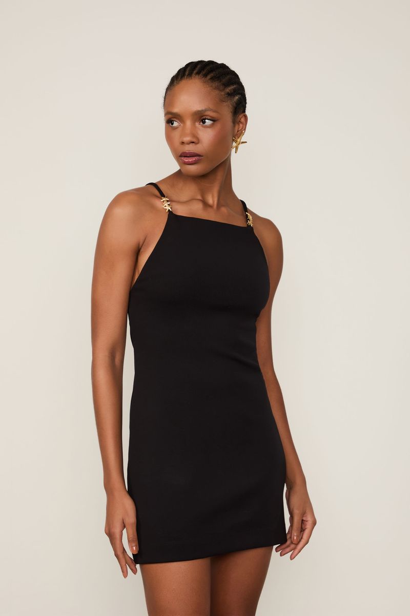 Vestido De Malha Rib Curto Com Plicação Nas Alças Preto