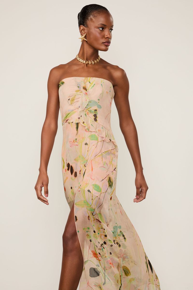 Vestido De Georgette Longo Estampado Sem Alças