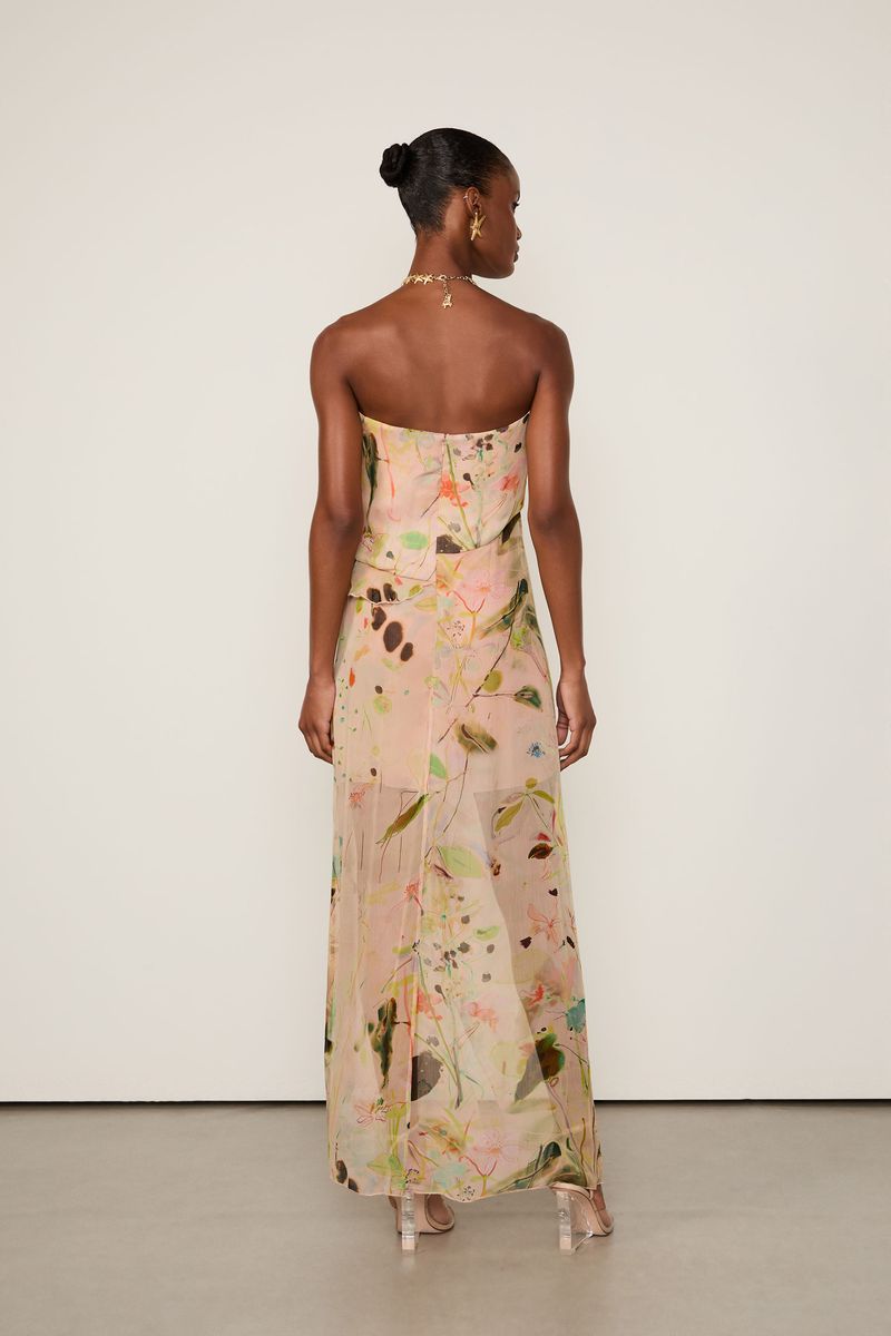 Vestido De Georgette Longo Estampado Sem Alças