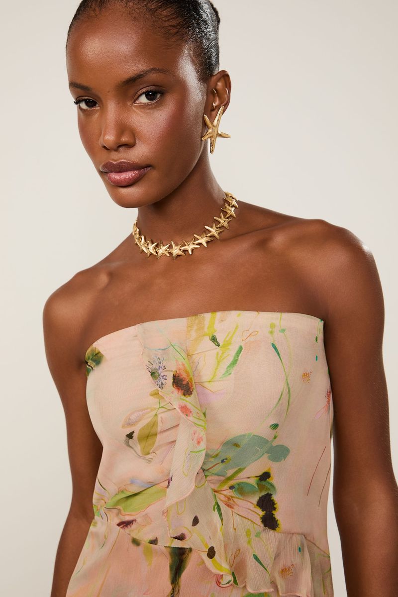 Vestido De Georgette Longo Estampado Sem Alças