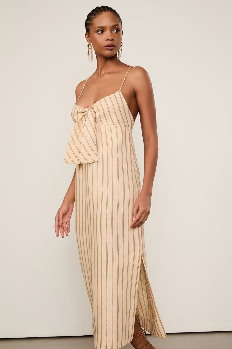 Vestido De Linho Midi Listrado