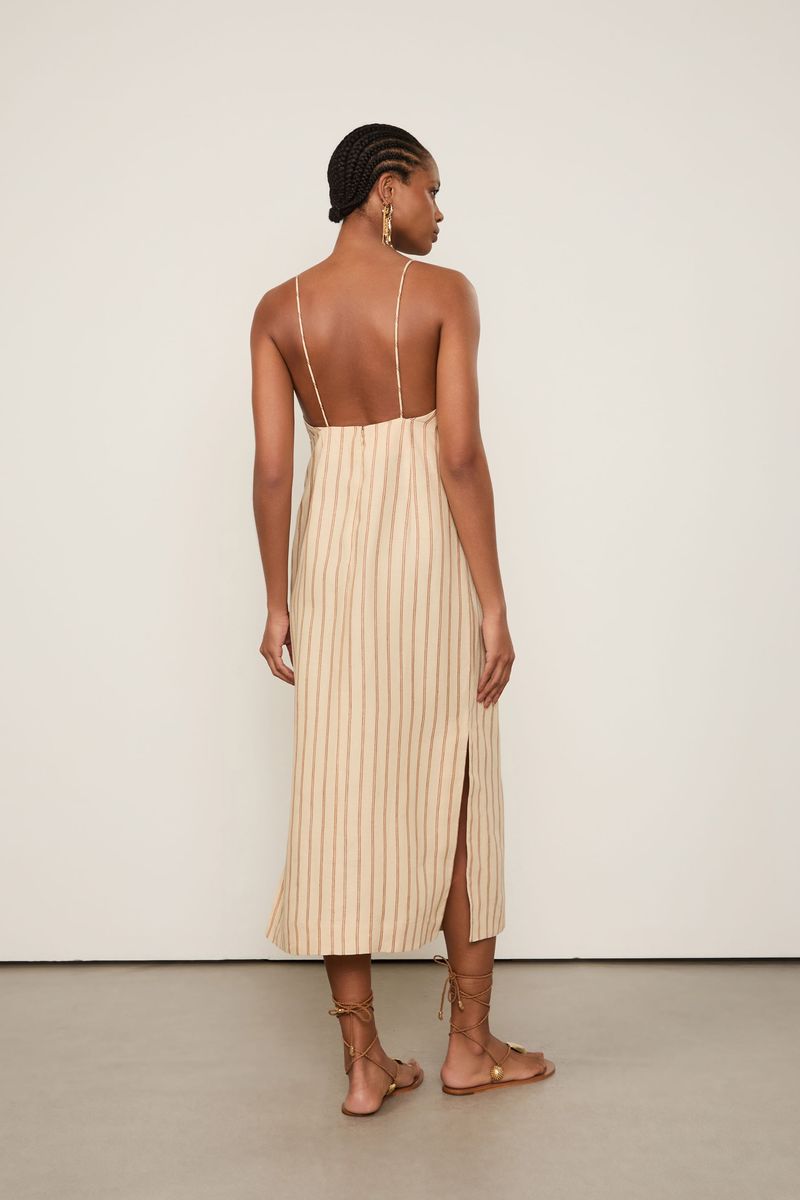 Vestido De Linho Midi Listrado