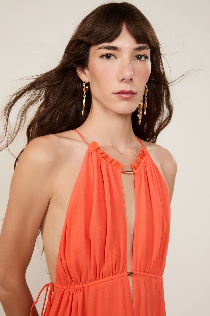 Vestido De Georgette Midi Laranja