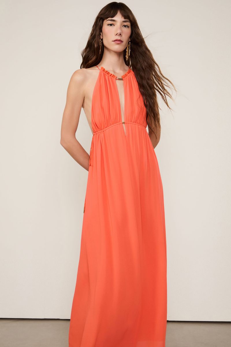 Vestido De Georgette Midi Laranja