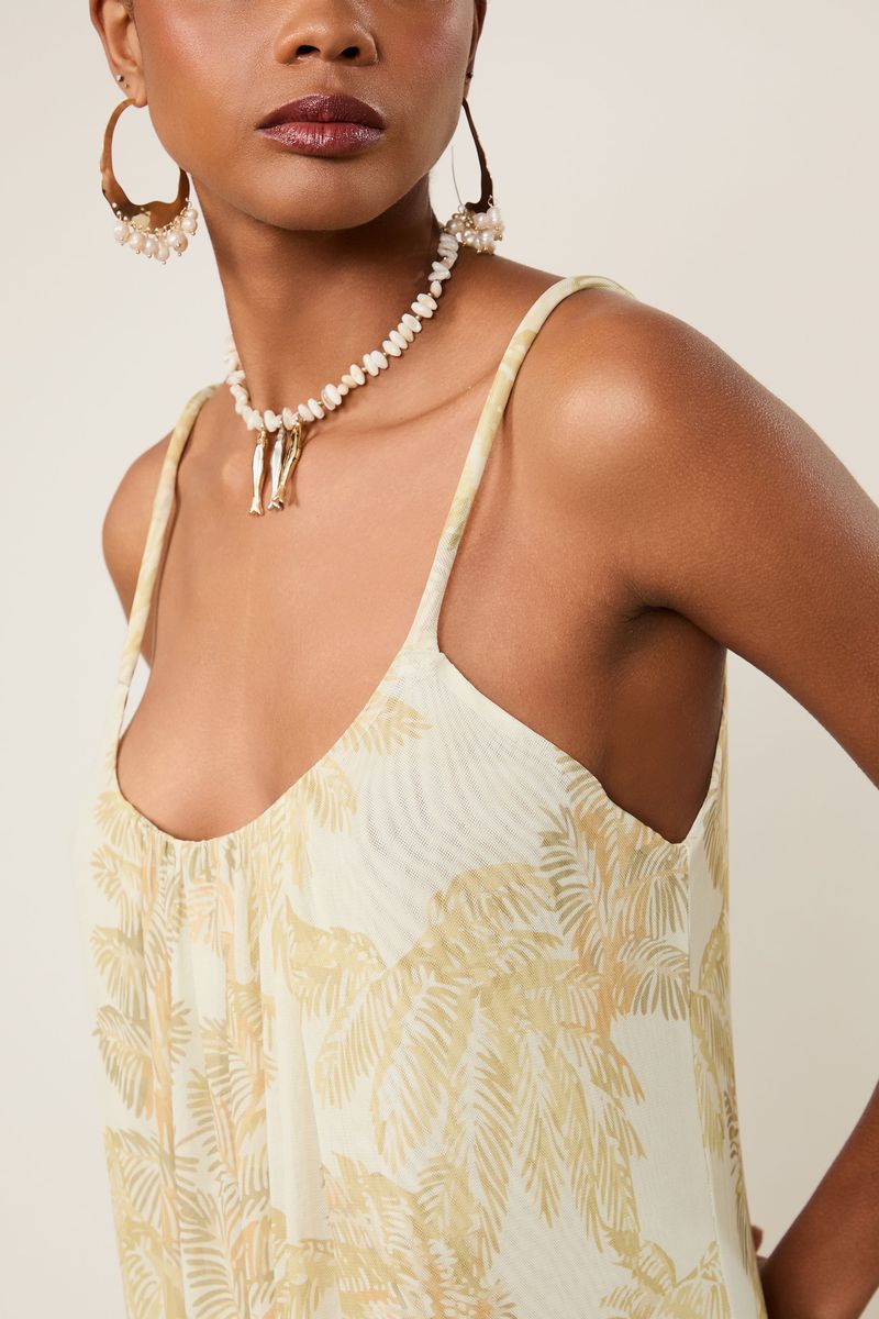Vestido Tule Reto Estampado Folhagem Plumes Off