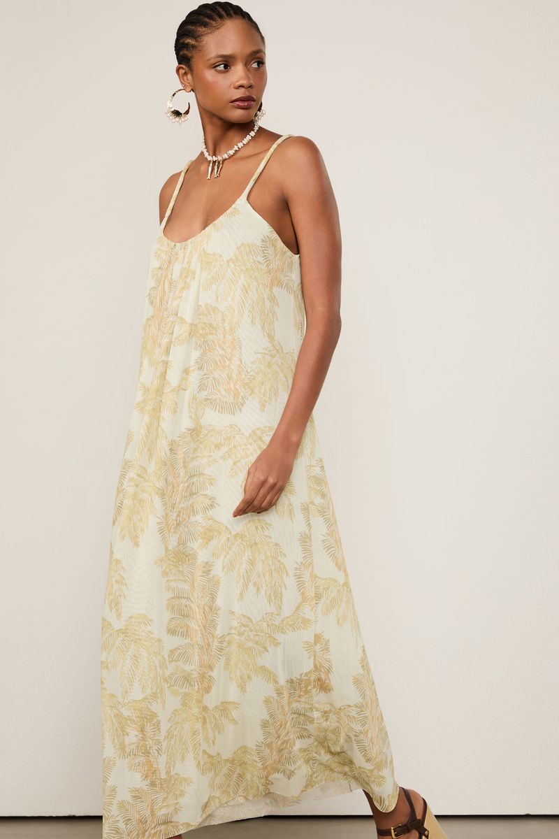 Vestido Tule Reto Estampado Folhagem Plumes Off