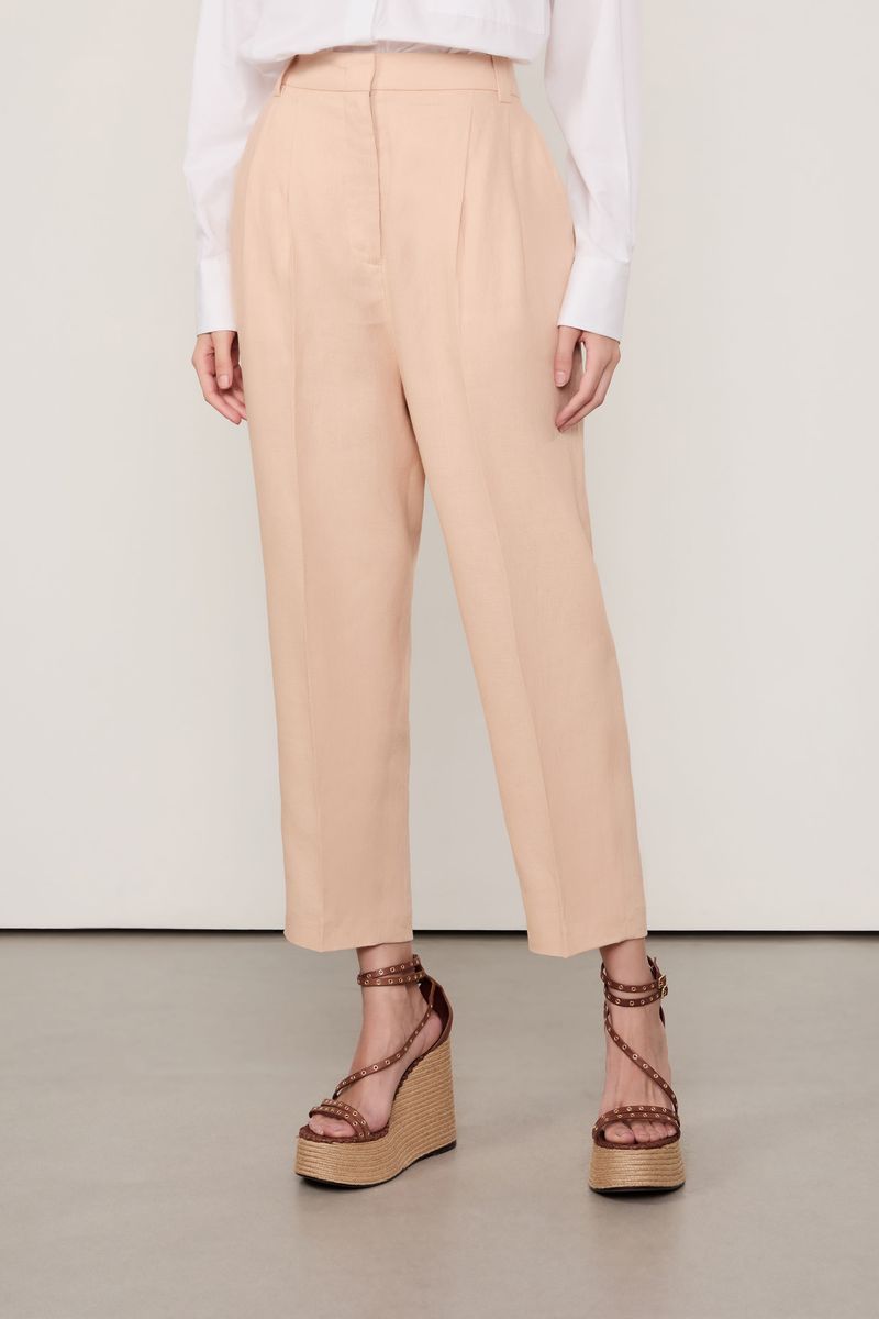 Calça De Linho Reta Com Bolso Embutido