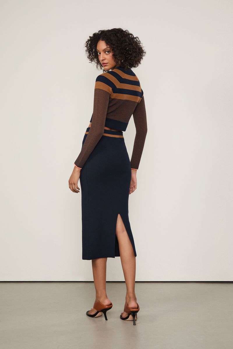 Saia De Tricot Midi Lápis Com Listra Cós