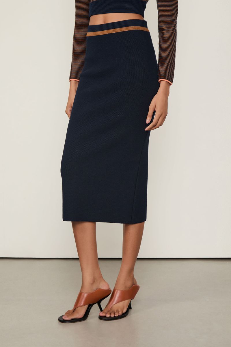 Saia De Tricot Midi Lápis Com Listra Cós