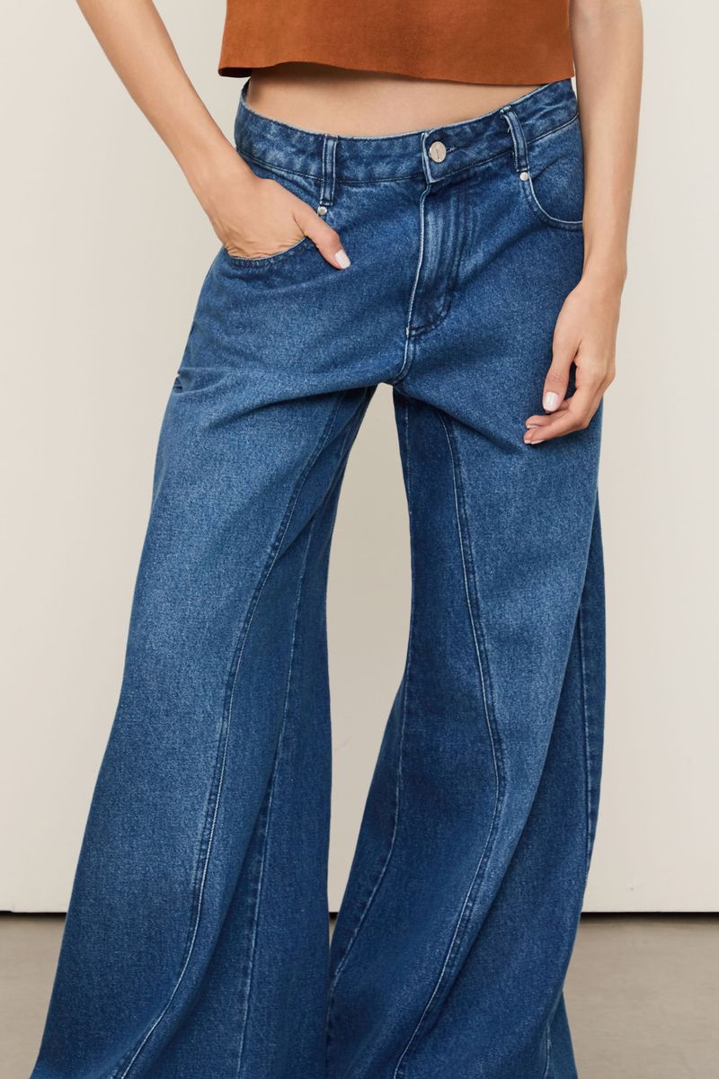 Calça Jeans 5 Pockets Cintura Média Perna Ampla