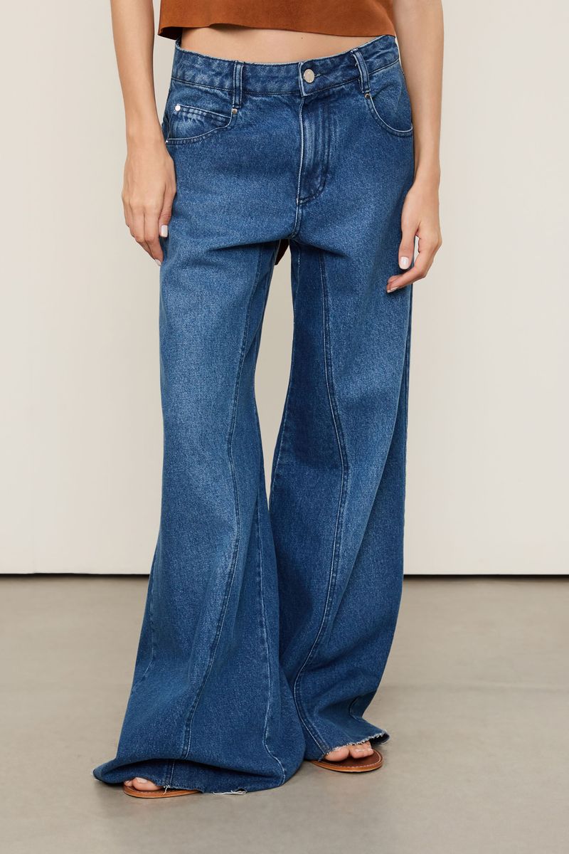 Calça Jeans 5 Pockets Cintura Média Perna Ampla