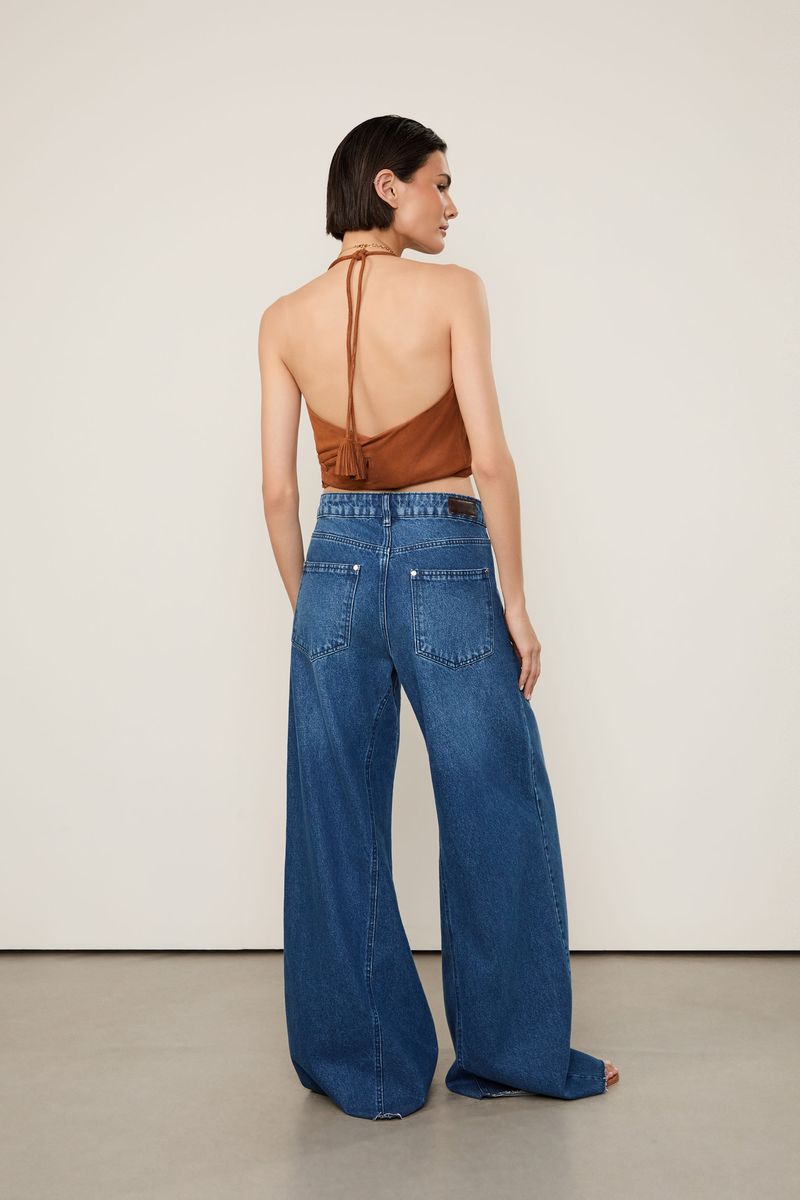 Calça Jeans 5 Pockets Cintura Média Perna Ampla