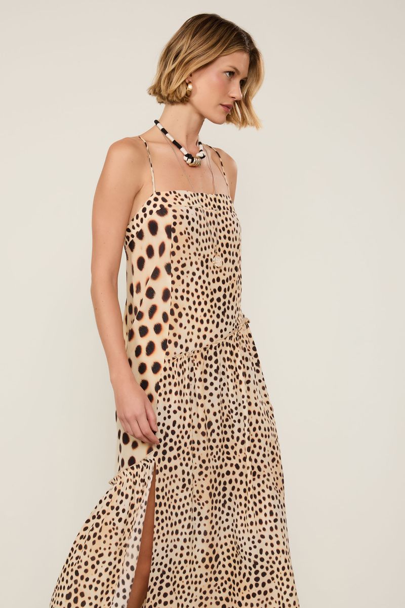 Vestido De Seda Midi Fenda Lateral Estampado