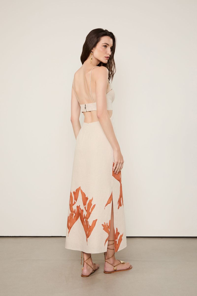 Vestido De Linho Midi Com Estampa Localizad