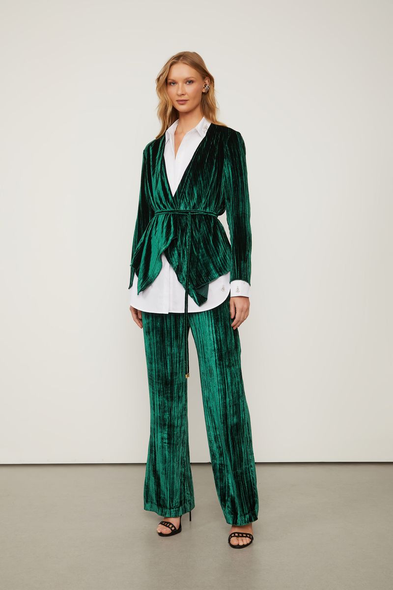 Blusa De Veludo Manga Longa Verde Com Amarração
