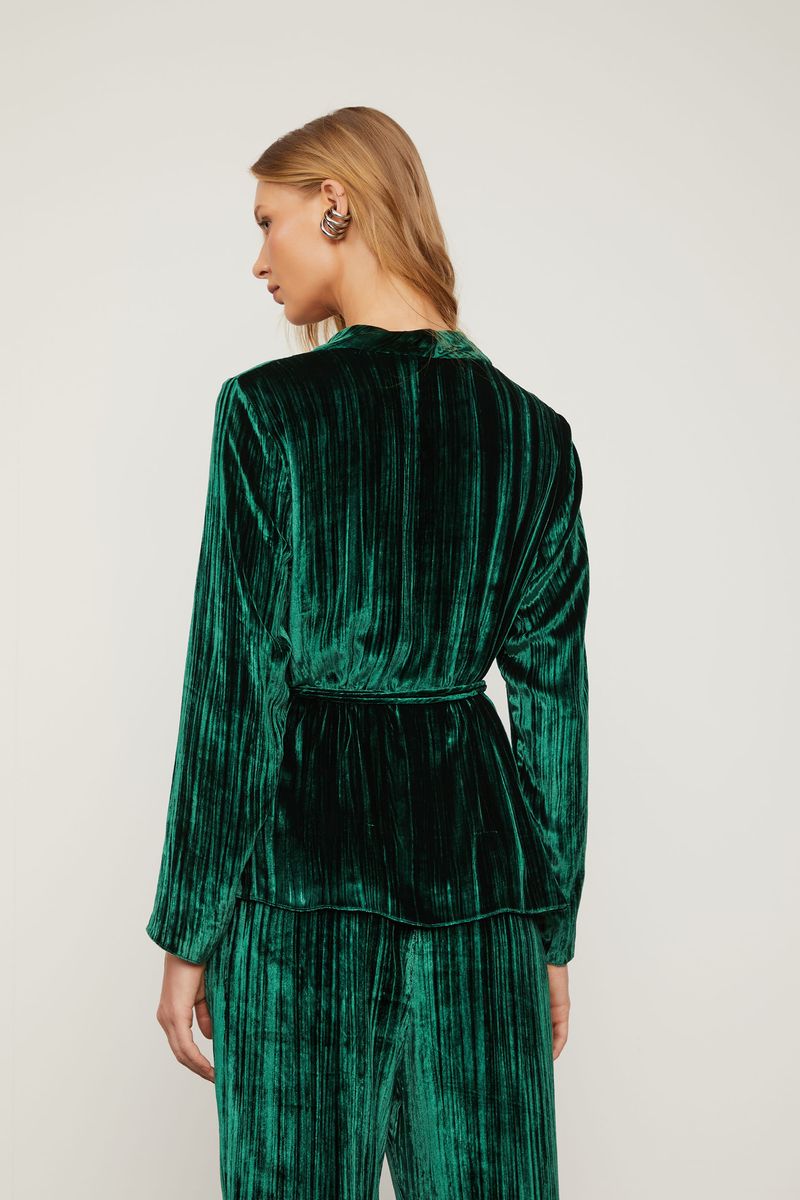 Blusa De Veludo Manga Longa Verde Com Amarração