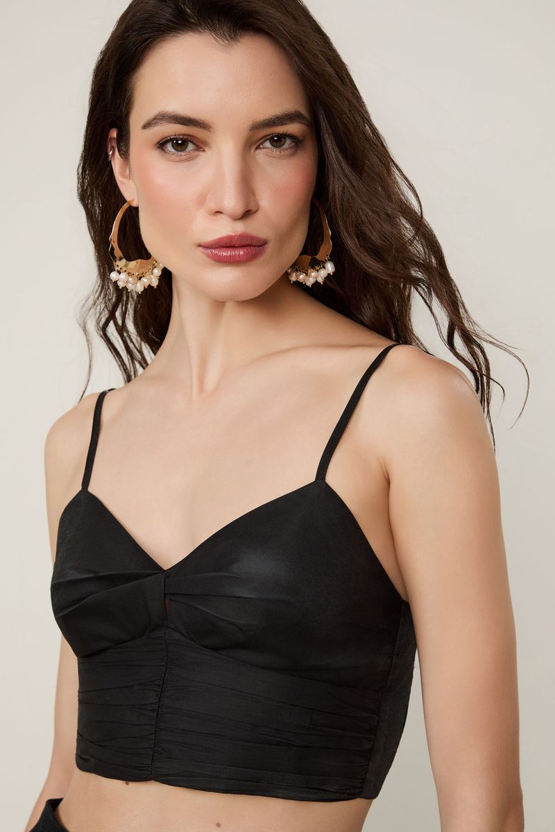Top De Algodão Preto Franzido