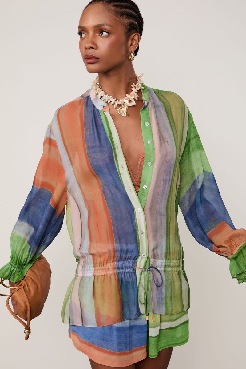 Camisa De Georgette Leve Manga Longa Estampada