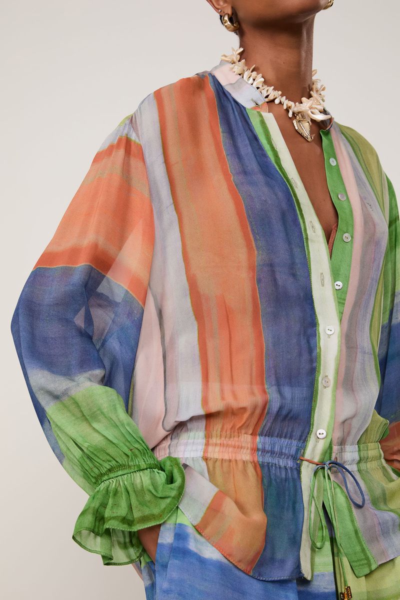 Camisa De Georgette Leve Manga Longa Estampada