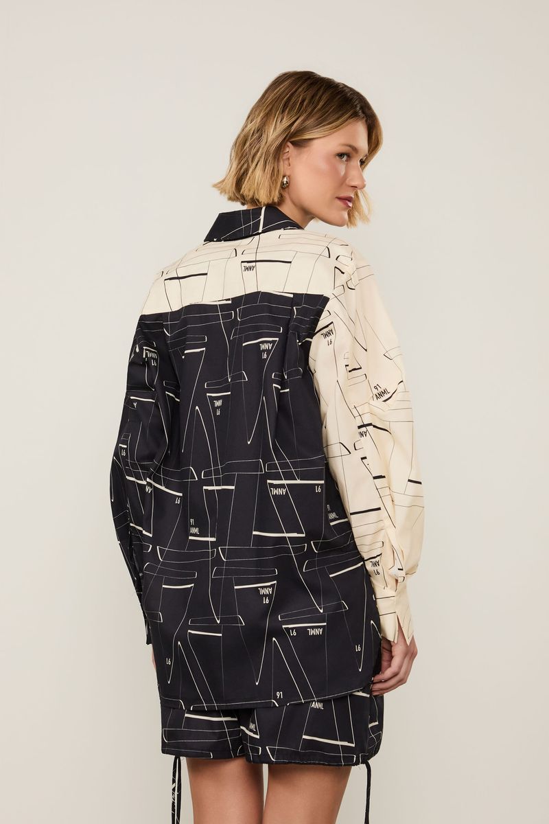 Camisa De Algodão Manga Longa Bicolor Estampada