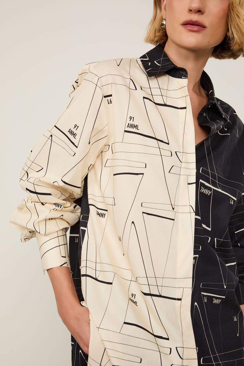 Camisa De Algodão Manga Longa Bicolor Estampada