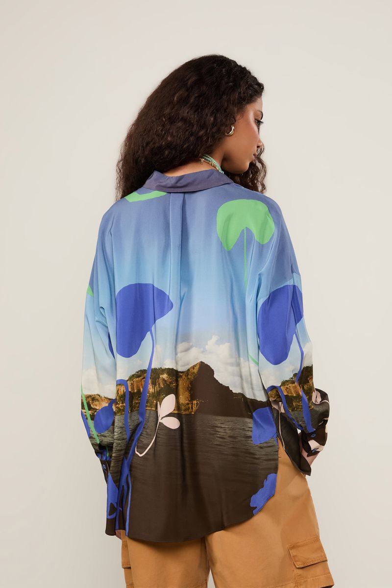 Camisa De Seda Ampla Estampada Manga Longa