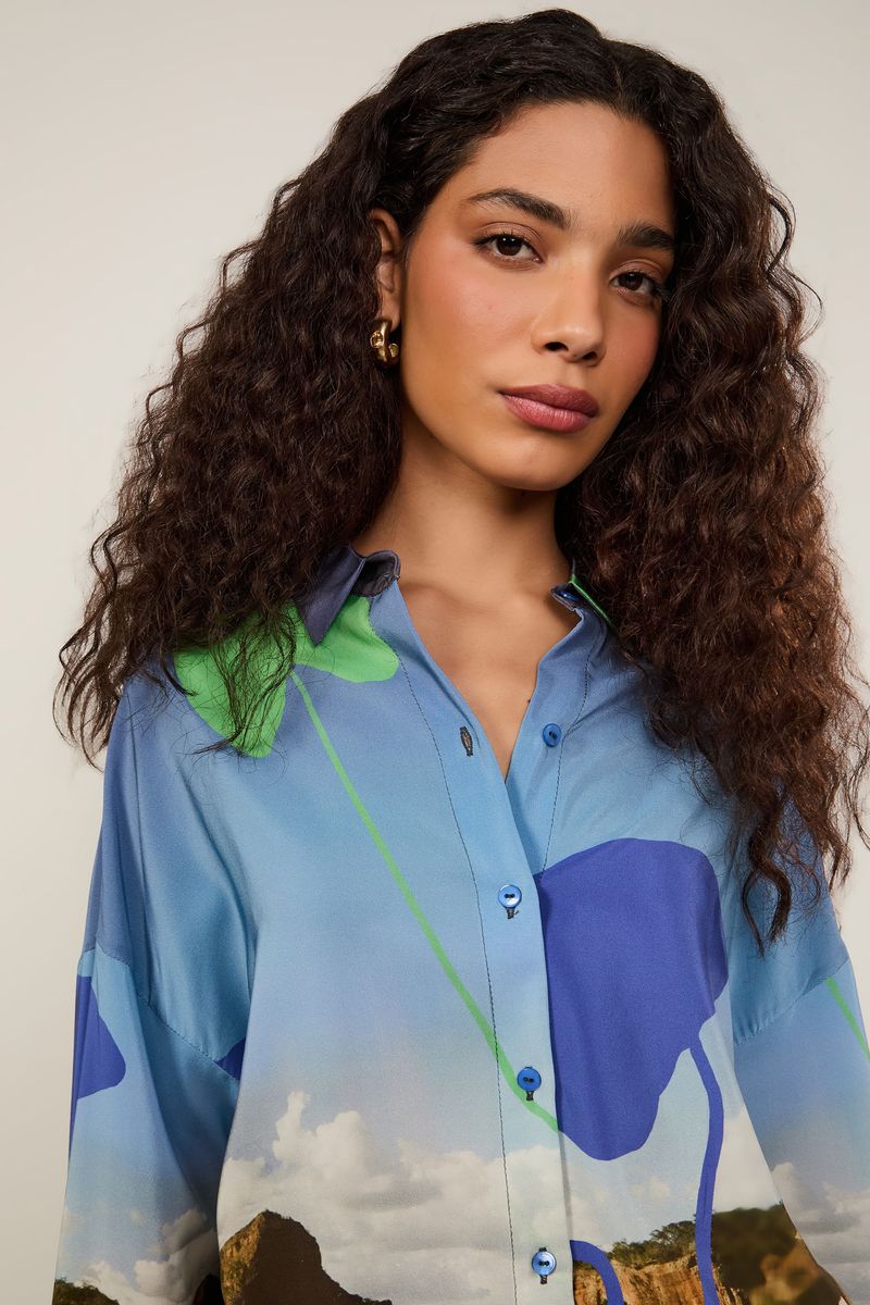 Camisa De Seda Ampla Estampada Manga Longa
