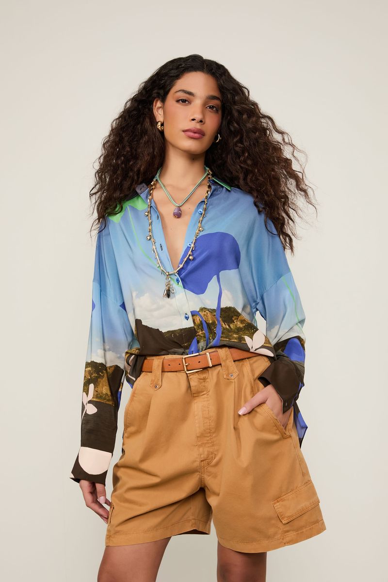 Camisa De Seda Ampla Estampada Manga Longa