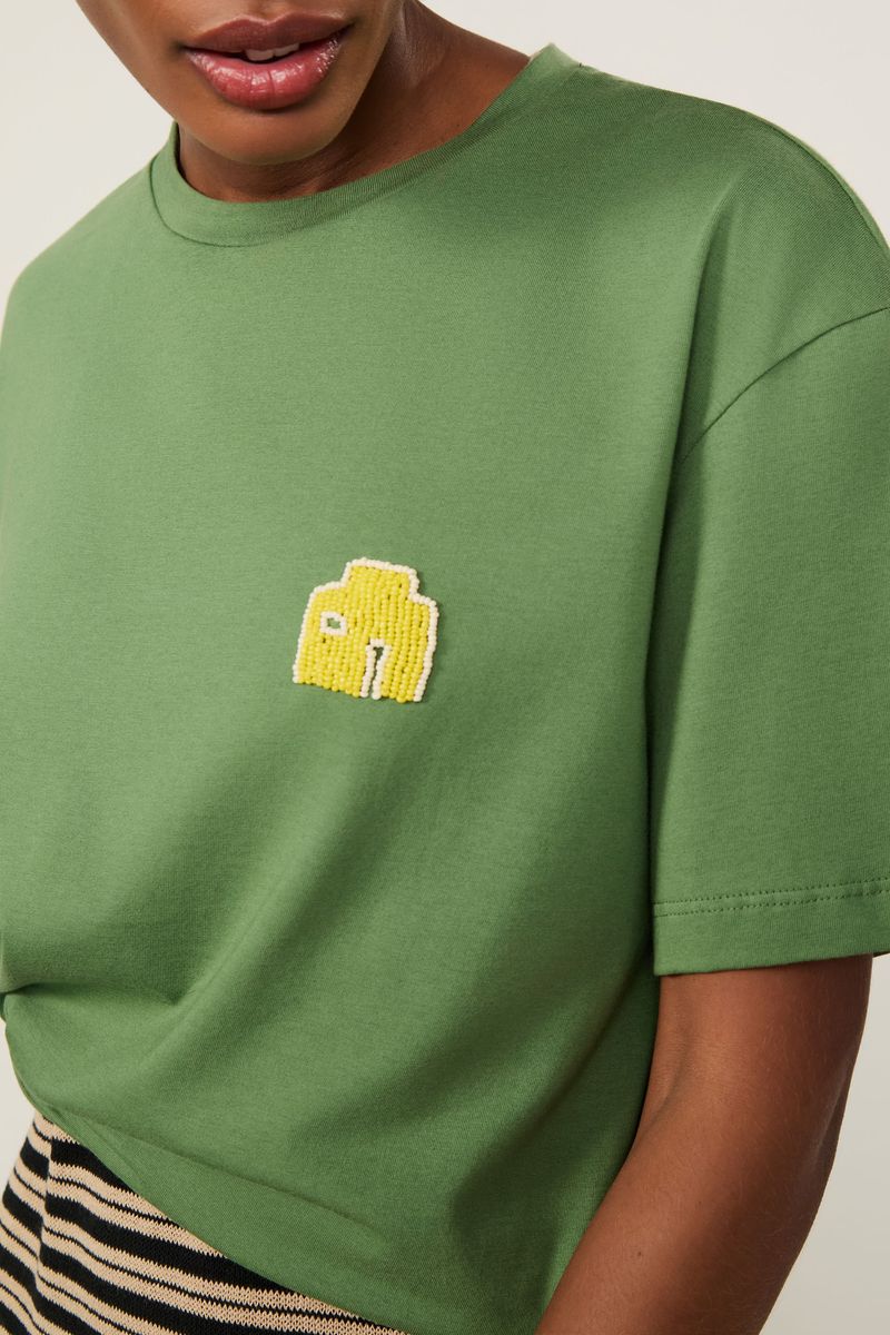 T-Shirt De Malha Bordada a Mão Verde