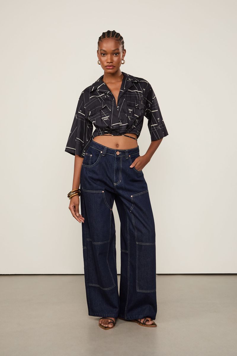 Camisa De Algodão Cropped Detalhe Amarração Estampada