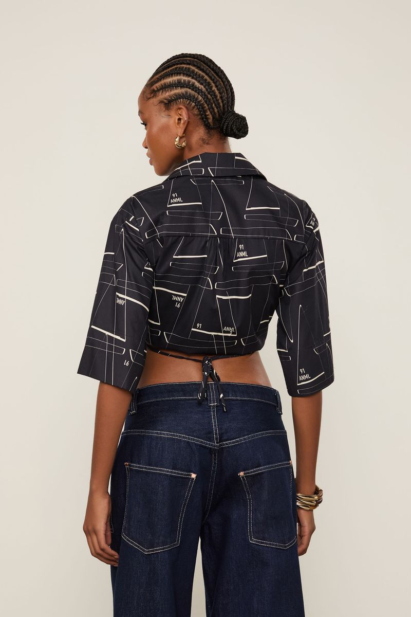 Camisa De Algodão Cropped Detalhe Amarração Estampada