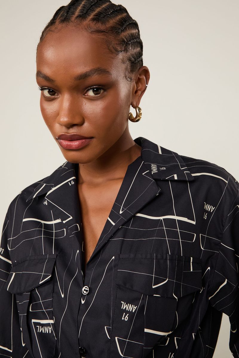 Camisa De Algodão Cropped Detalhe Amarração Estampada